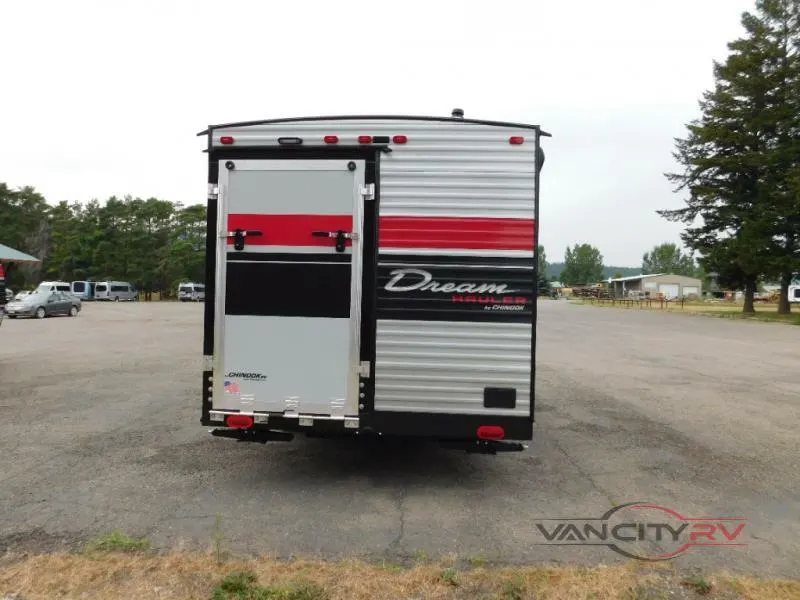 Rear view of the New 2022 Chinook Dream Hauler DH175 Travel Trailer Toy Hauler RV.