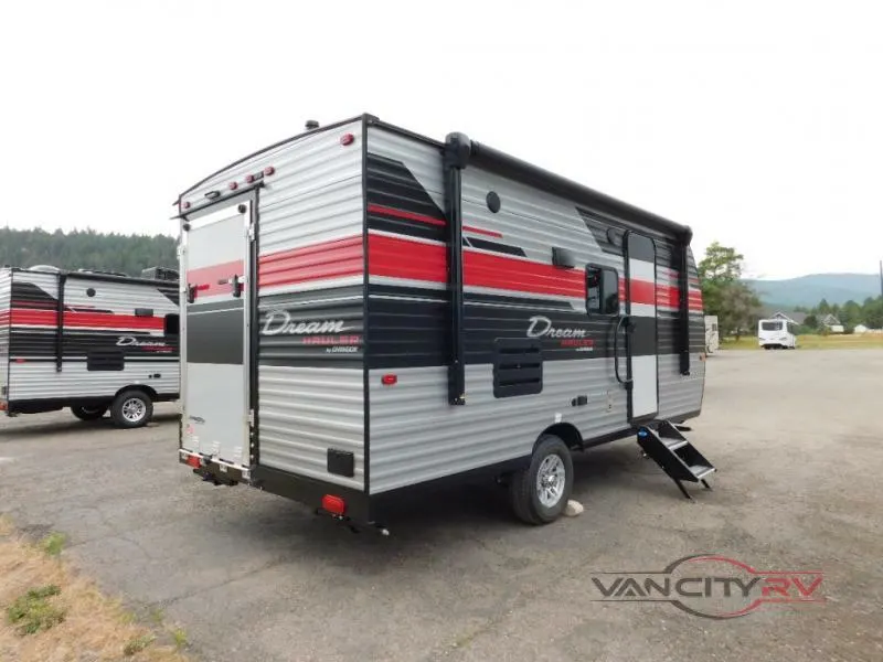 Side view of the New 2022 Chinook Dream Hauler DH175 Travel Trailer Toy Hauler RV.