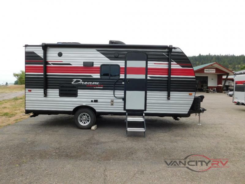 Side view of the New 2022 Chinook Dream Hauler DH175 Travel Trailer Toy Hauler RV.