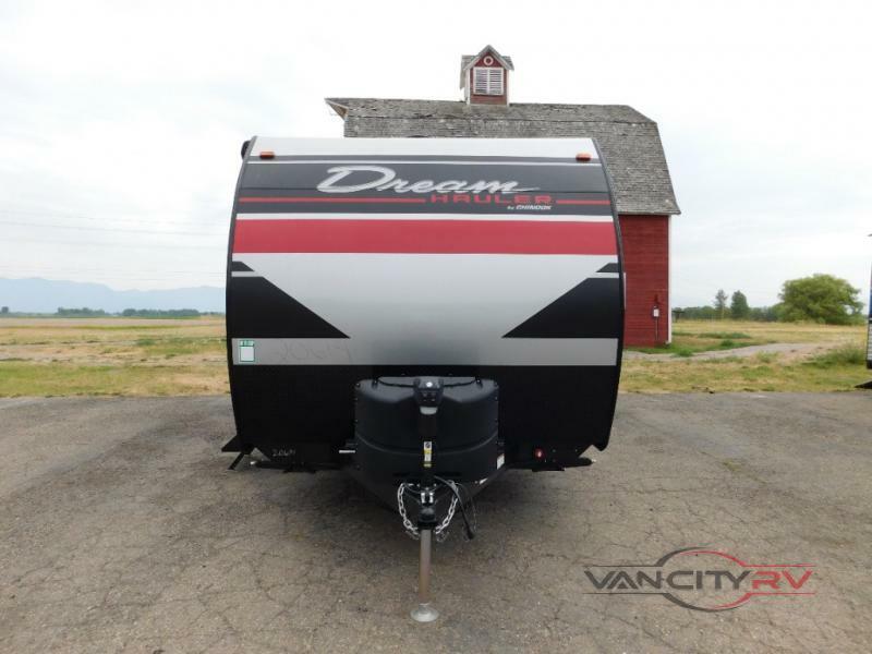 Front view of the New 2022 Chinook Dream Hauler DH175 Travel Trailer Toy Hauler RV.