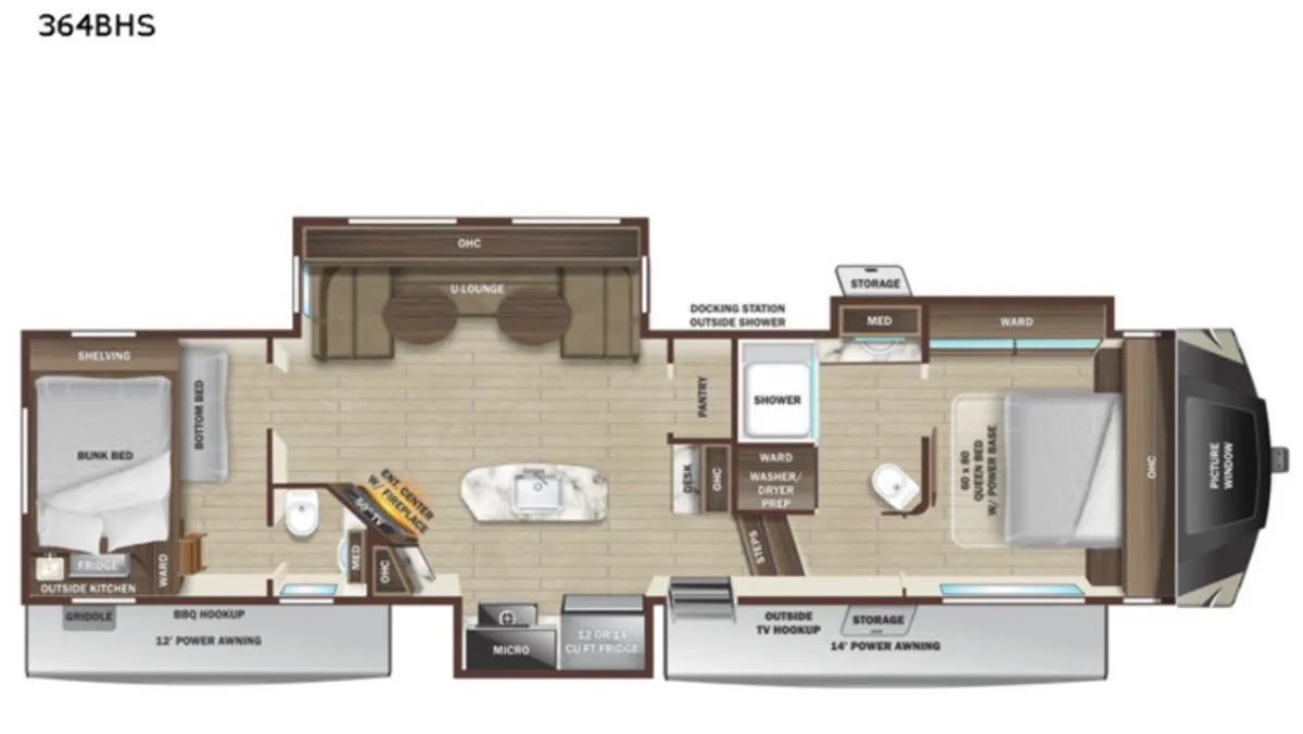 Floor plan of the RV with dinette, living area, kitchen, bathroom and bedroom.