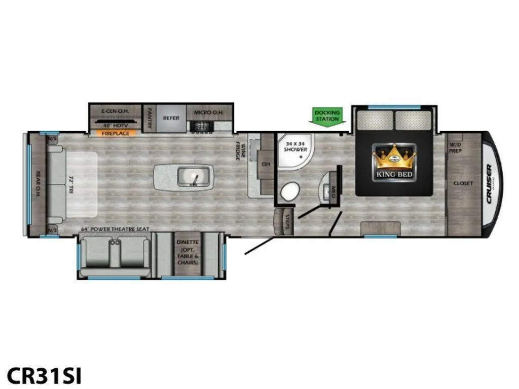 Floor plan of the RV with dinette, living area, kitchen, bathroom and bedroom.