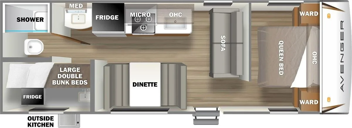 Floor plan of the RV with dinette, living area, kitchen, bathroom and bedroom.