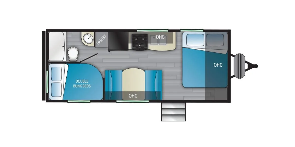 Floor plan of the RV with dinette, double bunk beds, bedroom and a pantry.