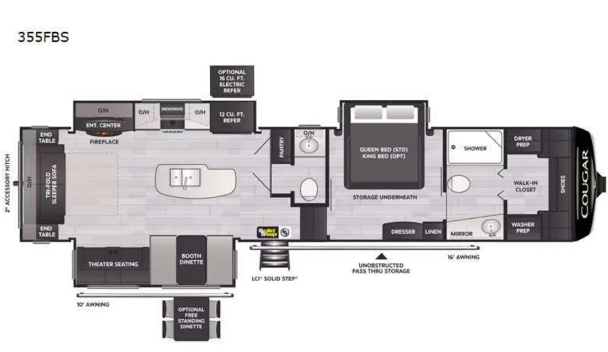 Floor plan of the RV with dinette, living area, kitchen, bathroom and bedroom.