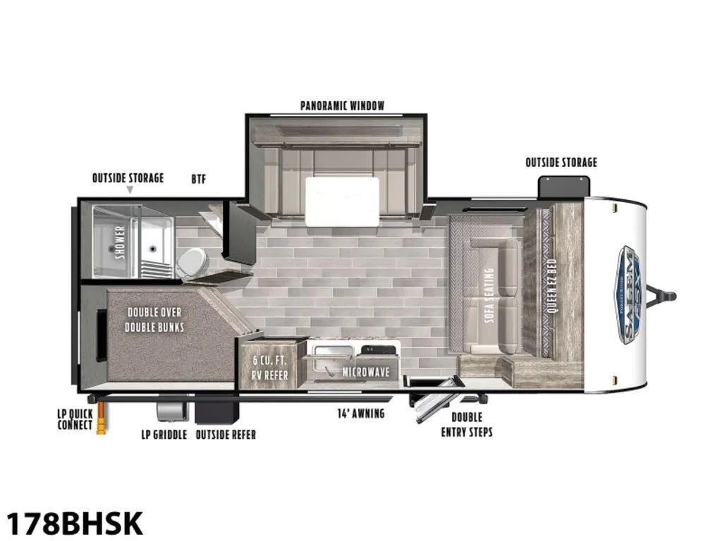 Floor plan of the RV with dinette, living area, kitchen, bathroom and bedroom.