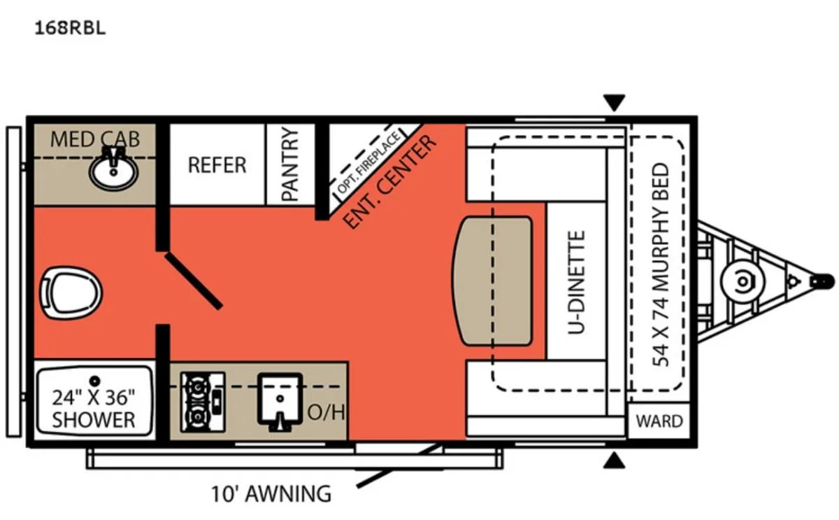 Floor plan of the RV with dinette, living area, kitchen, bathroom and bedroom.