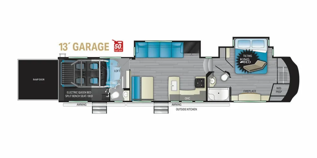 Floor plan of the RV with dinette, living area, kitchen, bathroom and bedroom.