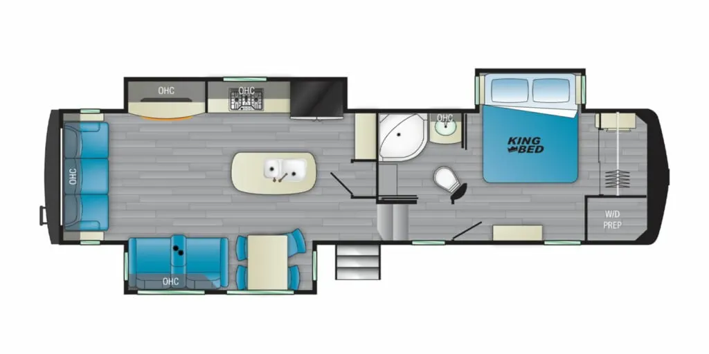 Floor plan of the RV with dinette, living area, kitchen, bathroom and bedroom.