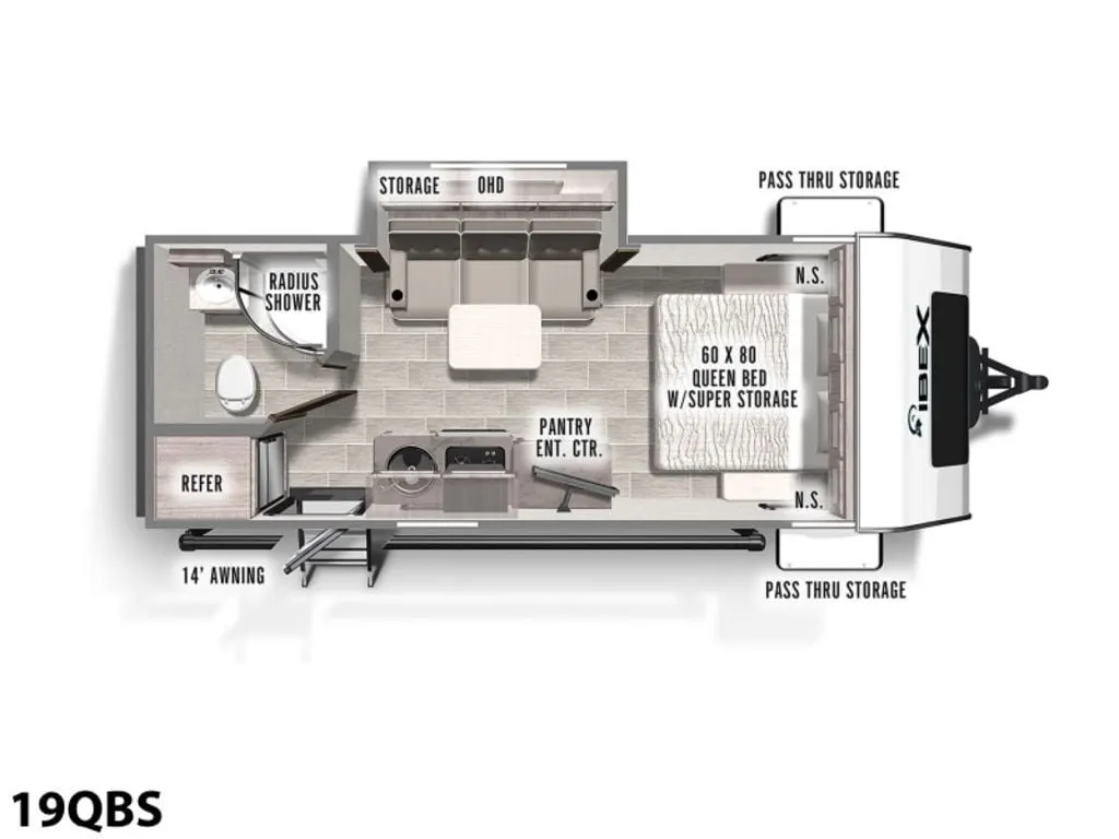 Floor plan of the RV with dinette, living area, kitchen, bathroom and bedroom.