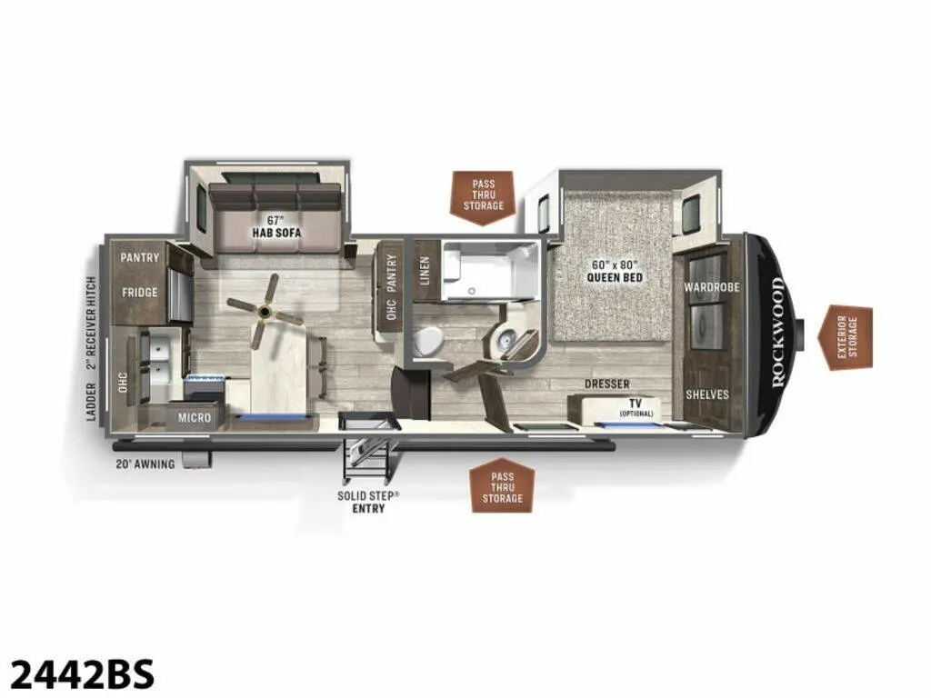 Floor plan of the RV with dinette, living area, kitchen, bathroom and bedroom.