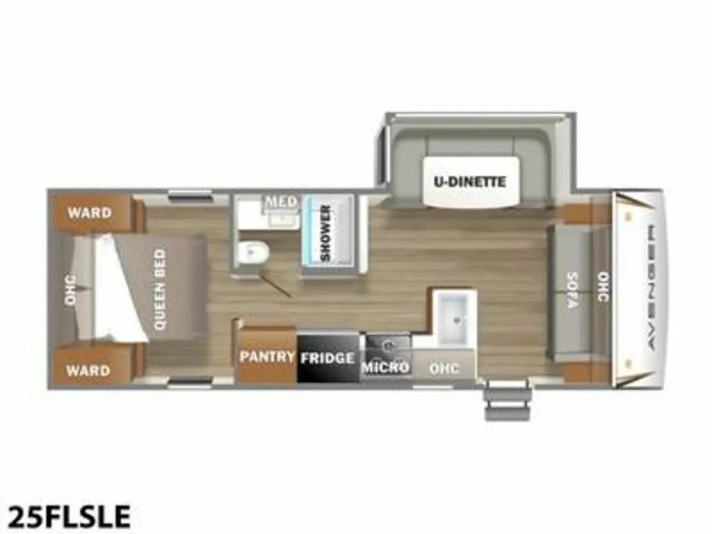 Floor plan of the RV with dinette, living area, kitchen, bathroom and bedroom.