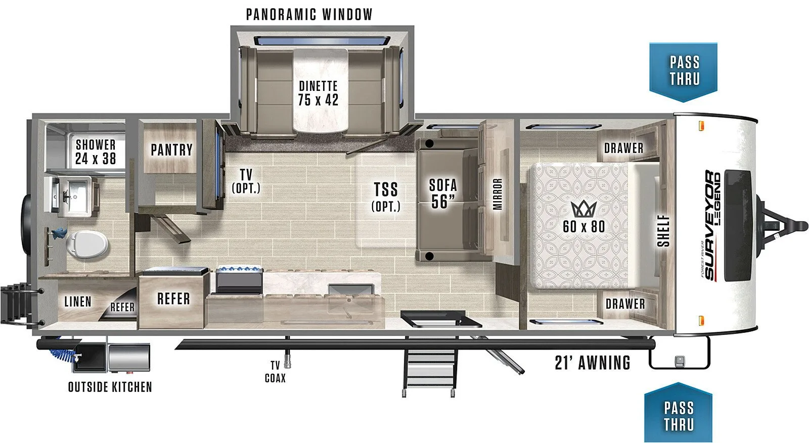 Floor plan of the RV with dinette, living area, kitchen, bathroom and bedroom.