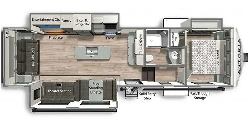 Floor plan of the RV with dinette, living area, kitchen, bathroom and bedroom.