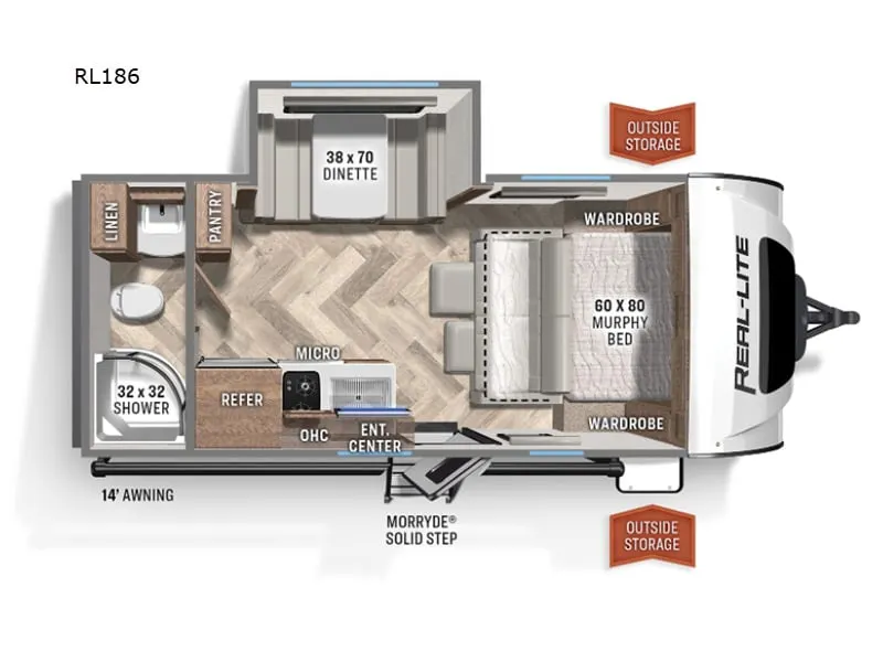 Floor plan of the RV with dinette, living area, kitchen, bathroom and bedroom.