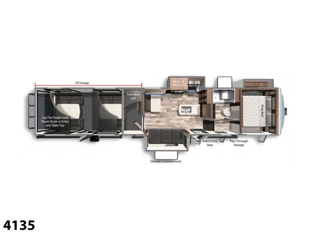 Floor plan of the RV with dinette, living area, kitchen, bathroom and bedroom.