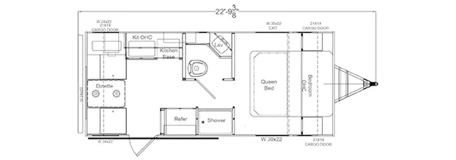 Floor plan of the RV with dinette, living area, kitchen, bathroom and bedroom.