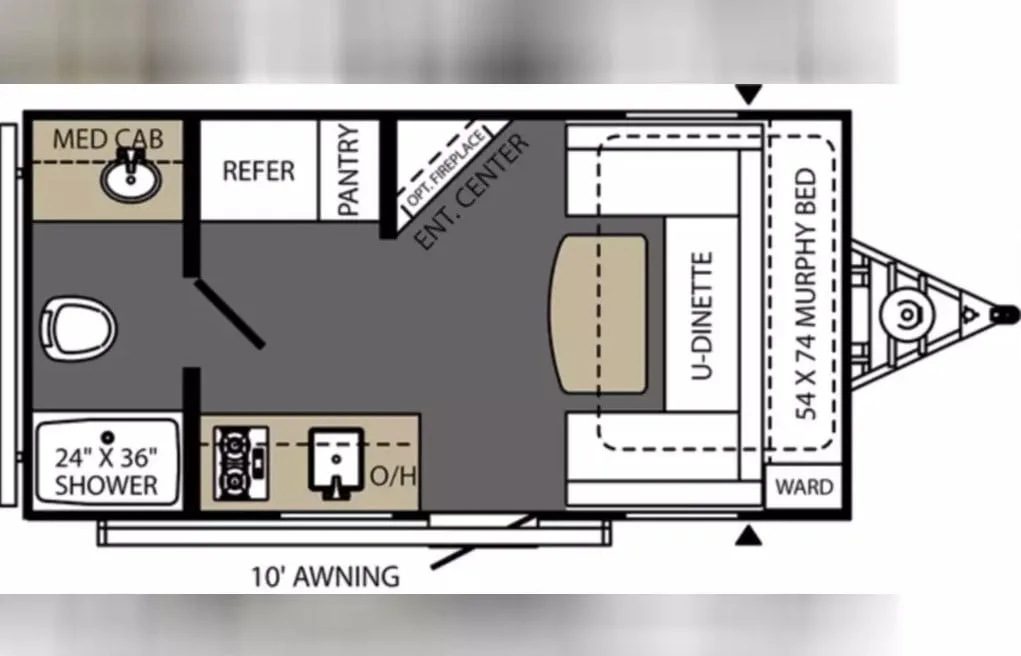 Floor plan of the RV with dinette, living area, kitchen, bathroom and bedroom.