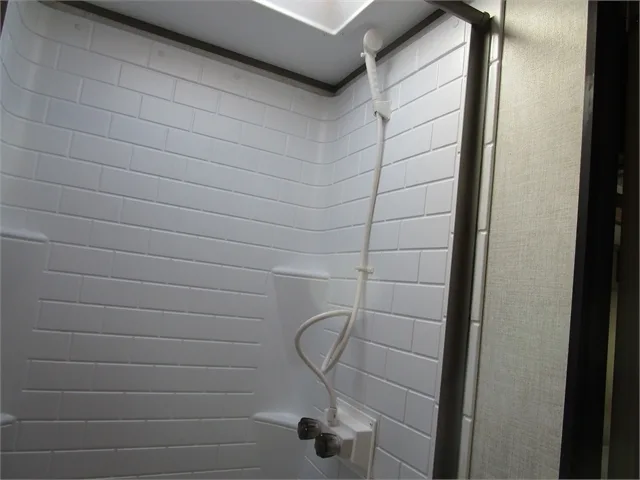 Walk-in shower with skylight.