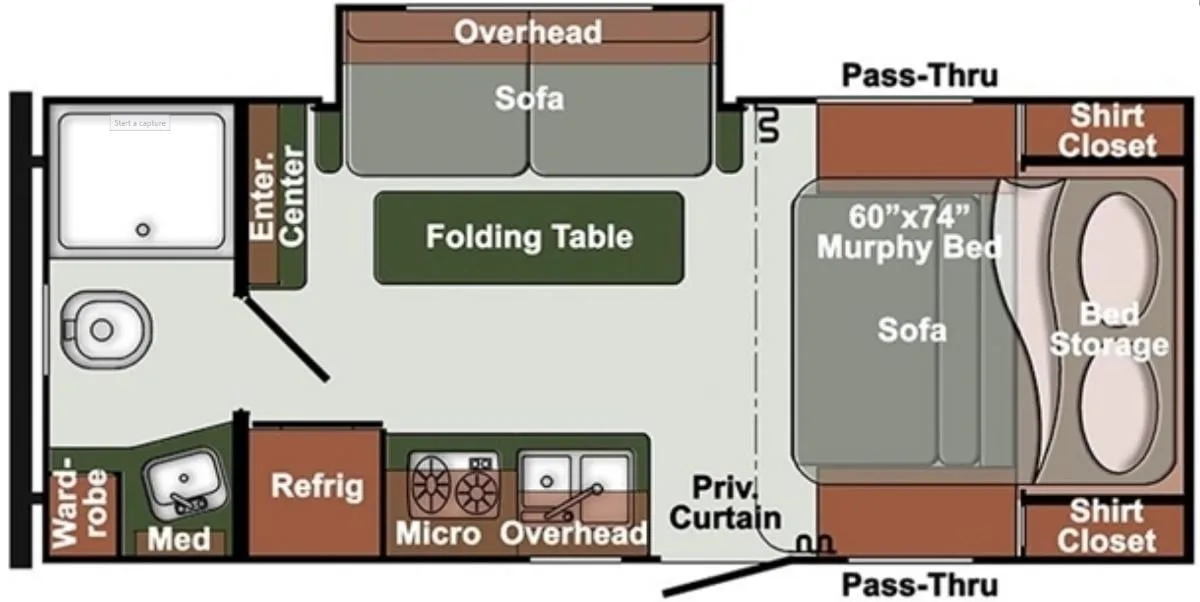 Floor plan of the RV with dinette, living area, kitchen, bathroom and bedroom.