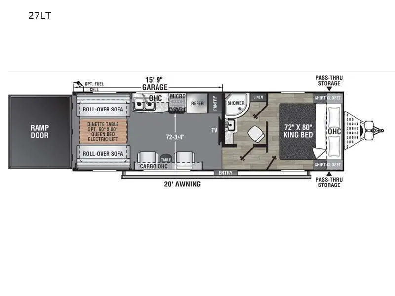 Floor plan of the RV with dinette, living area, kitchen, bathroom and bedroom.