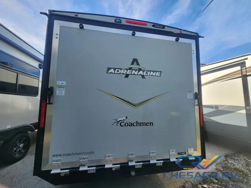 Rear view of the New 2022 Coachmen Rv Adrenaline 27LT Travel Trailer Toy Hauler RV.