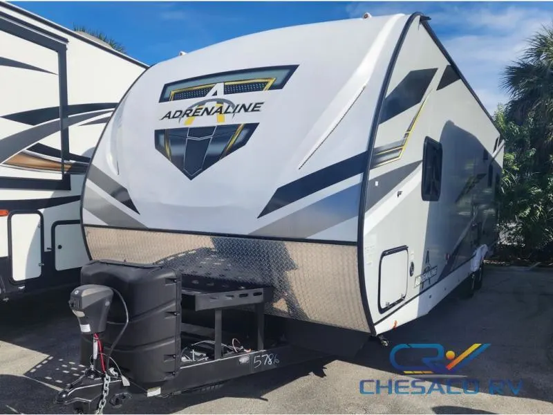 Front view of the New 2022 Coachmen Rv Adrenaline 27LT Travel Trailer Toy Hauler RV.