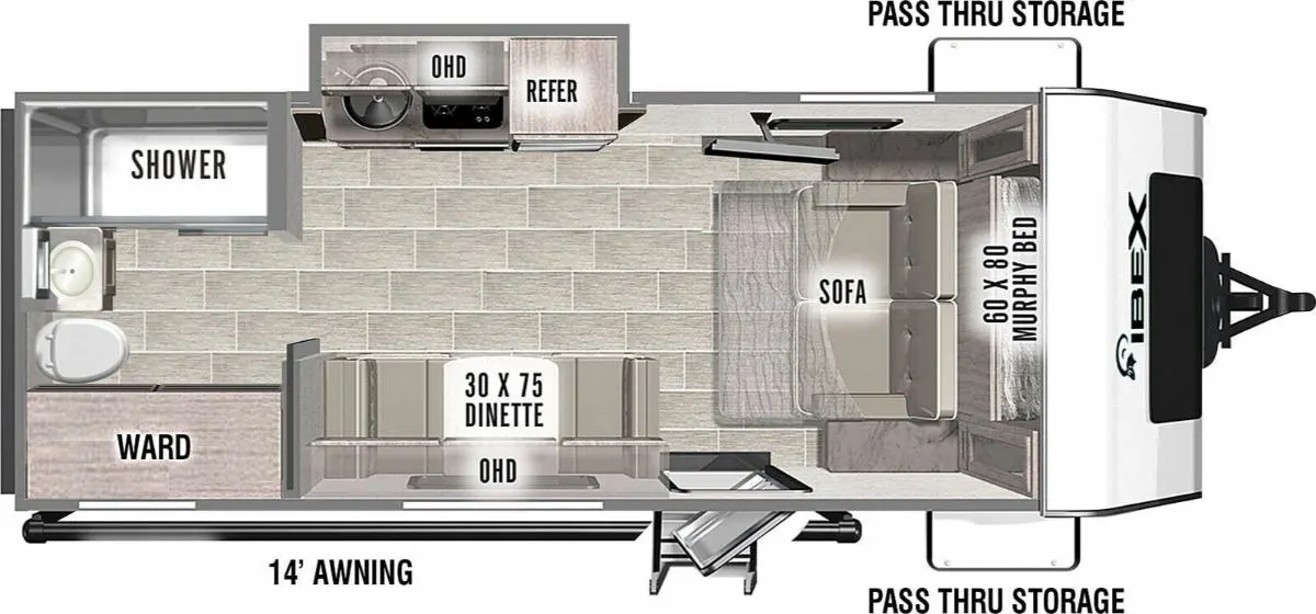 Floor plan of the RV with dinette, living area, kitchen, bathroom and bedroom.