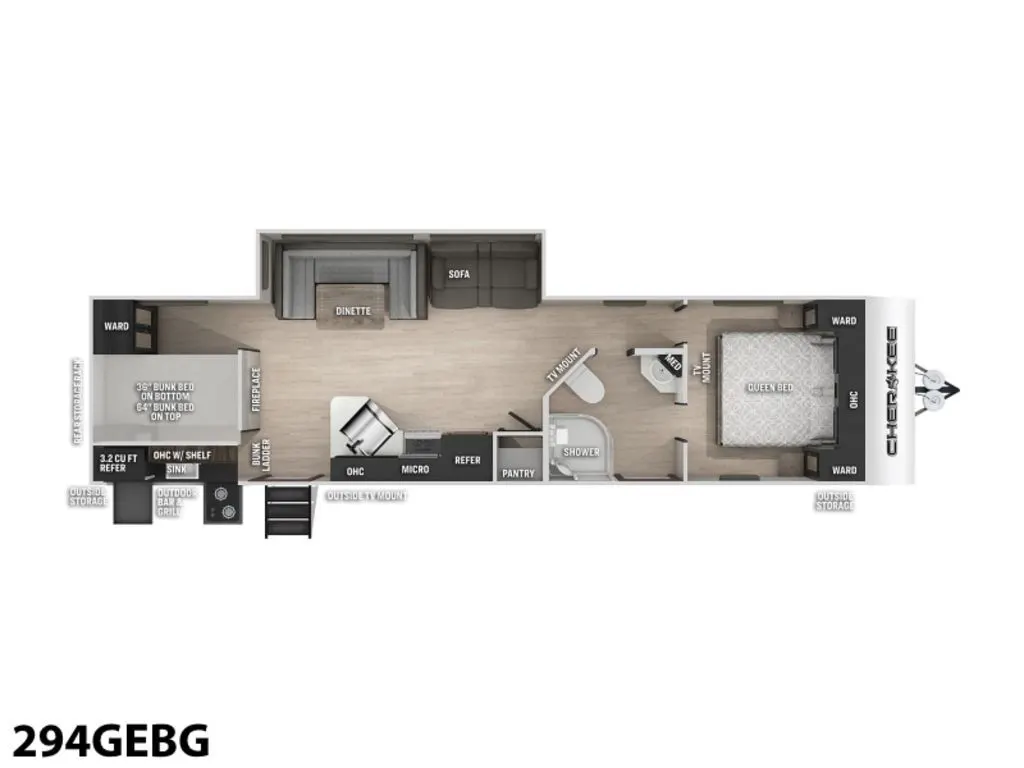 Floor plan of the RV with dinette, living area, kitchen, bathroom and bedroom.