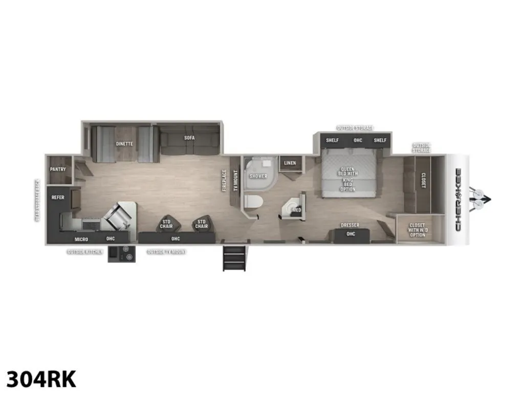 Floor plan of the RV with dinette, living area, kitchen, bathroom and bedroom.