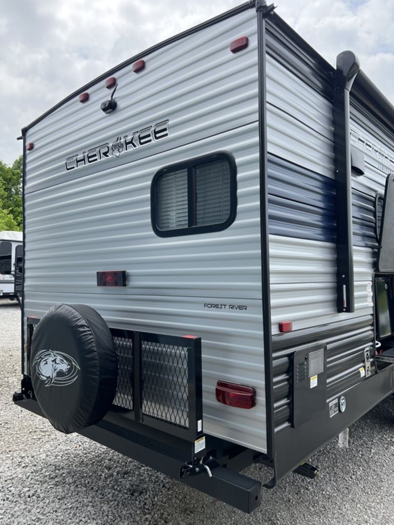 Rear view of the New 2022 Forest River Cherokee 304RK Travel Trailer RV.