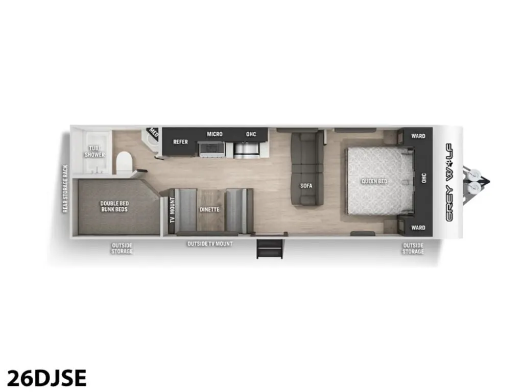 Floor plan of the RV with dinette, living area, kitchen, bathroom and bedroom.