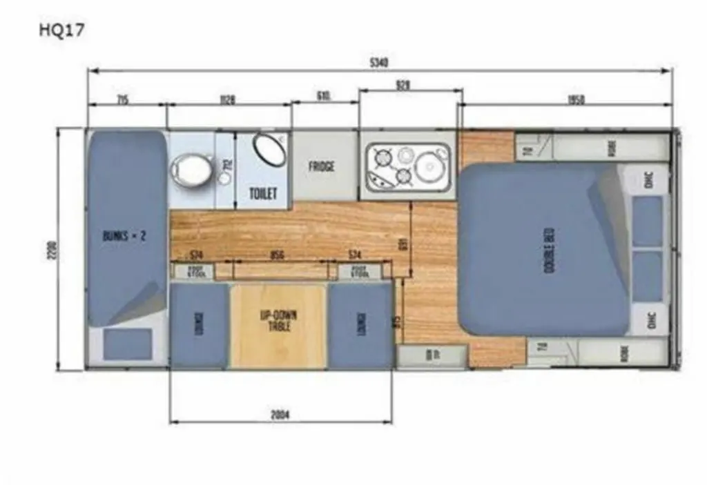 Floor plan of the RV with dinette, living area, kitchen, bathroom and bedroom.