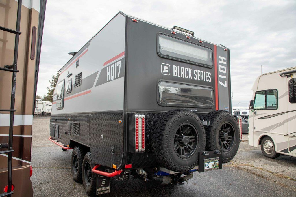 Rear view of the New 2022 Black Series Camper Travel Trailers HQ 17 Travel Trailer RV.