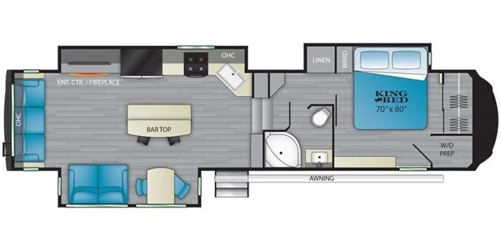 Floor plan of the RV with dinette, living area, kitchen, bartop and bedroom.