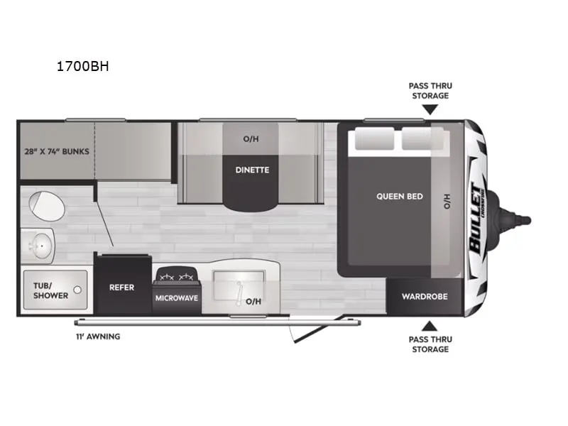 Floor plan of the RV with dinette, living area, kitchen, bathroom and bedroom.