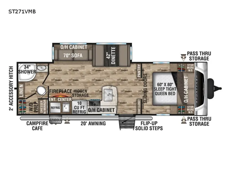 Floor plan of the RV with dinette, living area, kitchen, bathroom and bedroom.