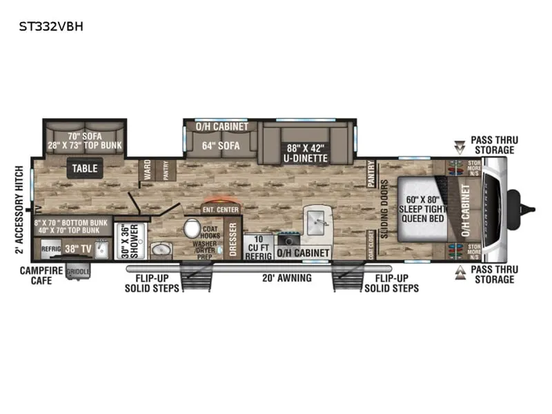 Floor plan of the RV with dinette, living area, kitchen, bathroom and bedroom.