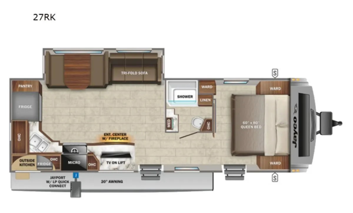 Floor plan of the RV with dinette, living area, kitchen, bathroom and bedroom.