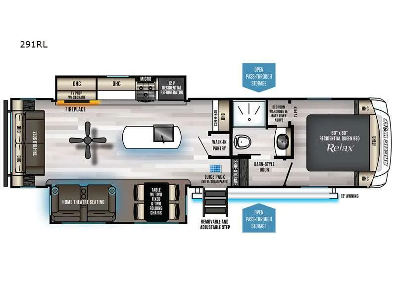 Floor plan of the RV with dinette, living area, kitchen, bathroom and bedroom.