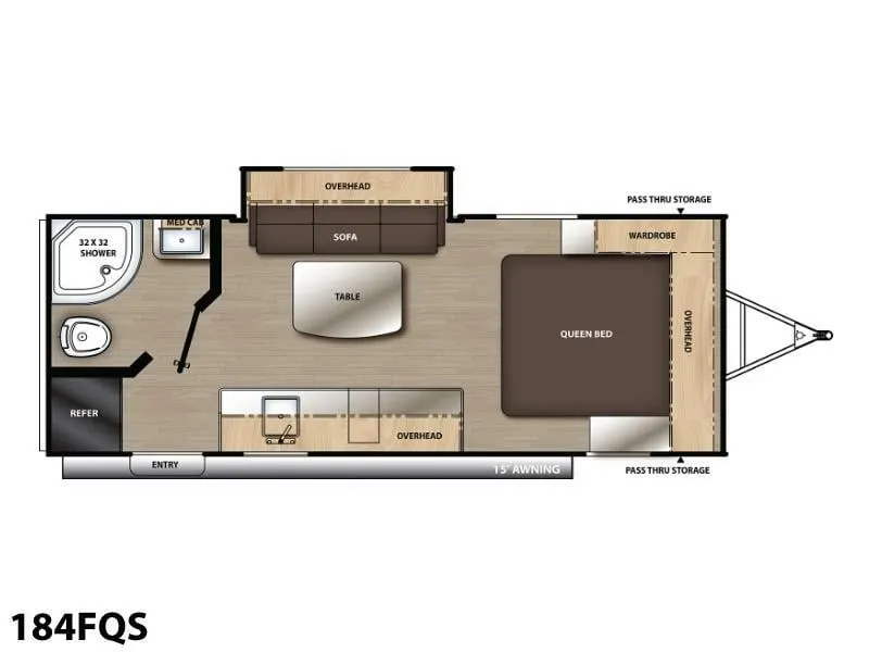 Floor plan of the RV with dinette, living area, kitchen, bathroom and bedroom.