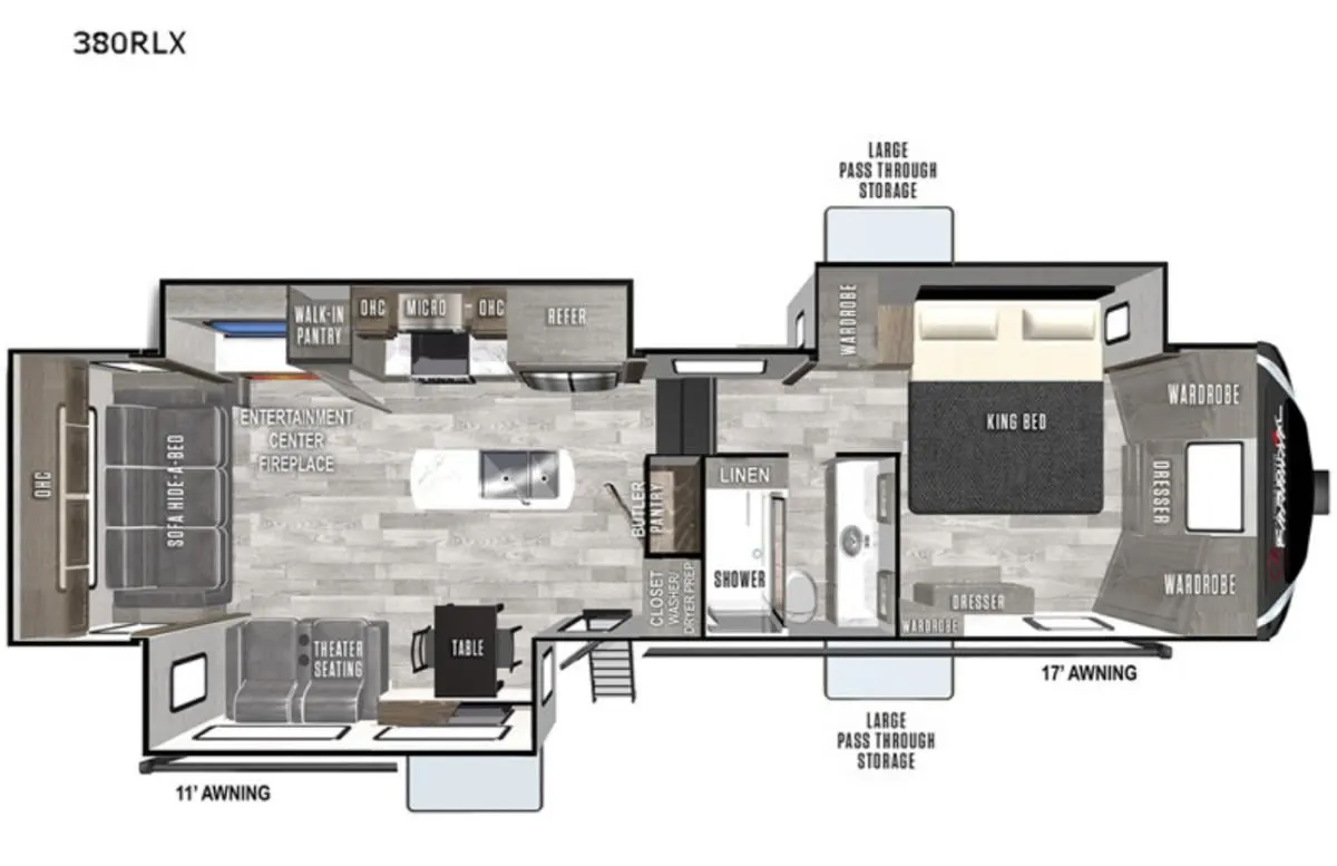 Floor plan of the RV with dinette, living area, kitchen, bathroom and bedroom.