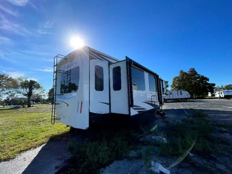 Side view of the RV with slide out.