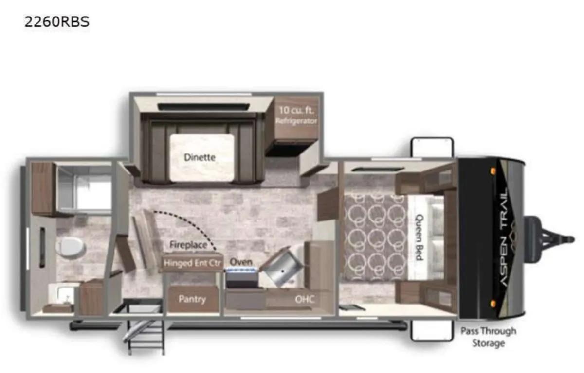 Floor plan of the RV with dinette, living area, kitchen, bathroom and bedroom.