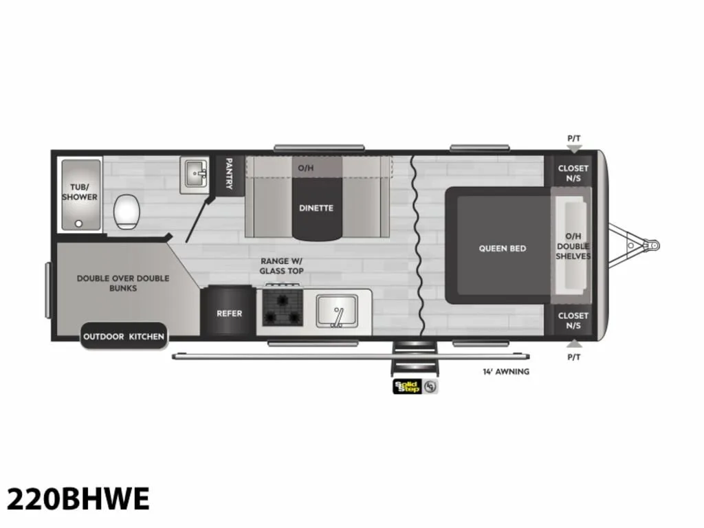 Floor plan of the RV with dinette, living area, kitchen, bathroom and bedroom.