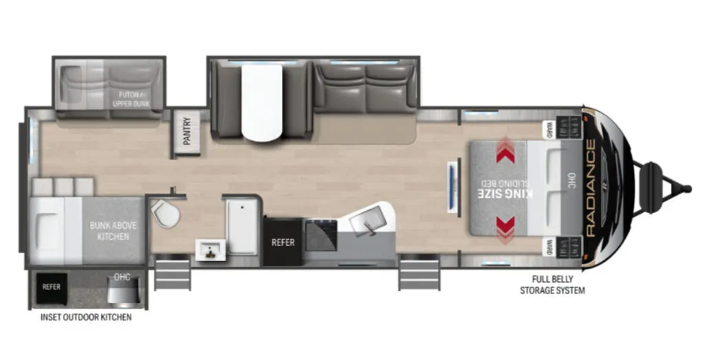 Floor plan of the RV with dinette, living area, kitchen, bathroom and bedroom.