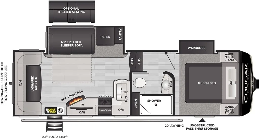 Floor plan of the RV with dinette, living area, kitchen, bathroom and bedroom.