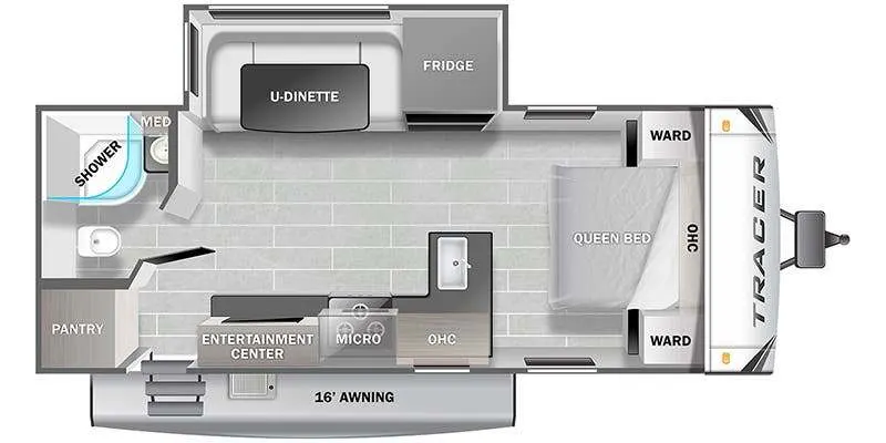 Floor plan of the RV with dinette, living area, kitchen, bathroom and bedroom.