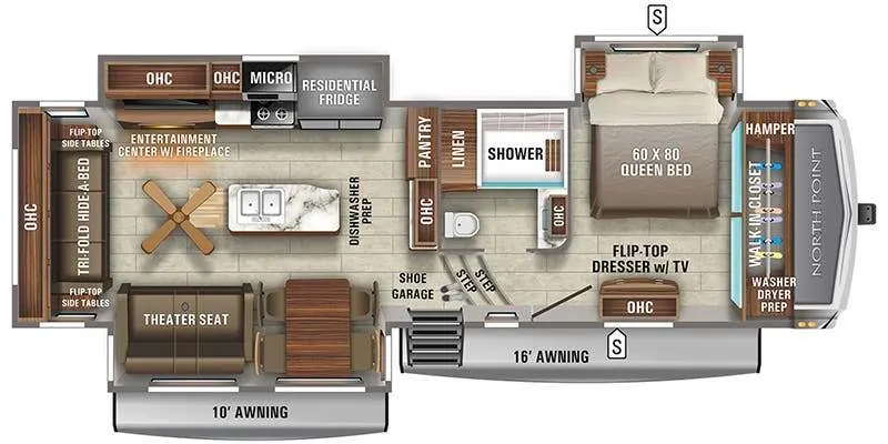 Floor plan of the RV with dinette, living area, kitchen, bathroom and bedroom.