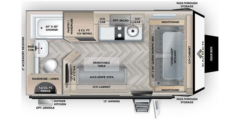 Floor plan of the RV with dinette, living area, kitchen, bathroom and bedroom.